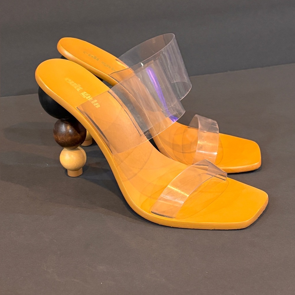 Cult Gaia Vita Sandal 37.5 / 7.5 Yellow Clear Strap Wooden Bead Heel